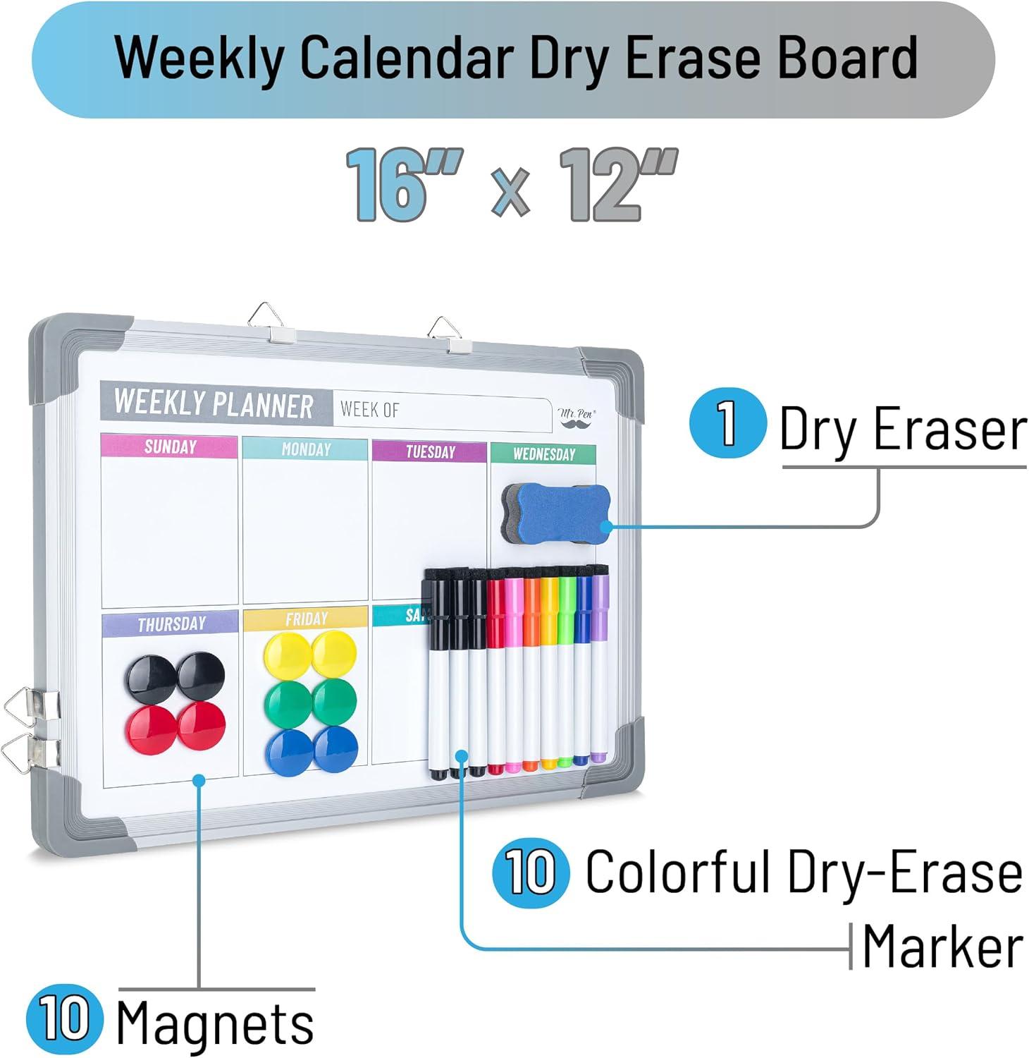 imageMr Pen Magnetic Weekly Dry Erase Board 12 x 16 DoubleSided with Dry Erase Markers 10 Board Magnets and Dry Erase Eraser Small Dry Erase Calendar for Wall Weekly Calendar Whiteboard for Wall