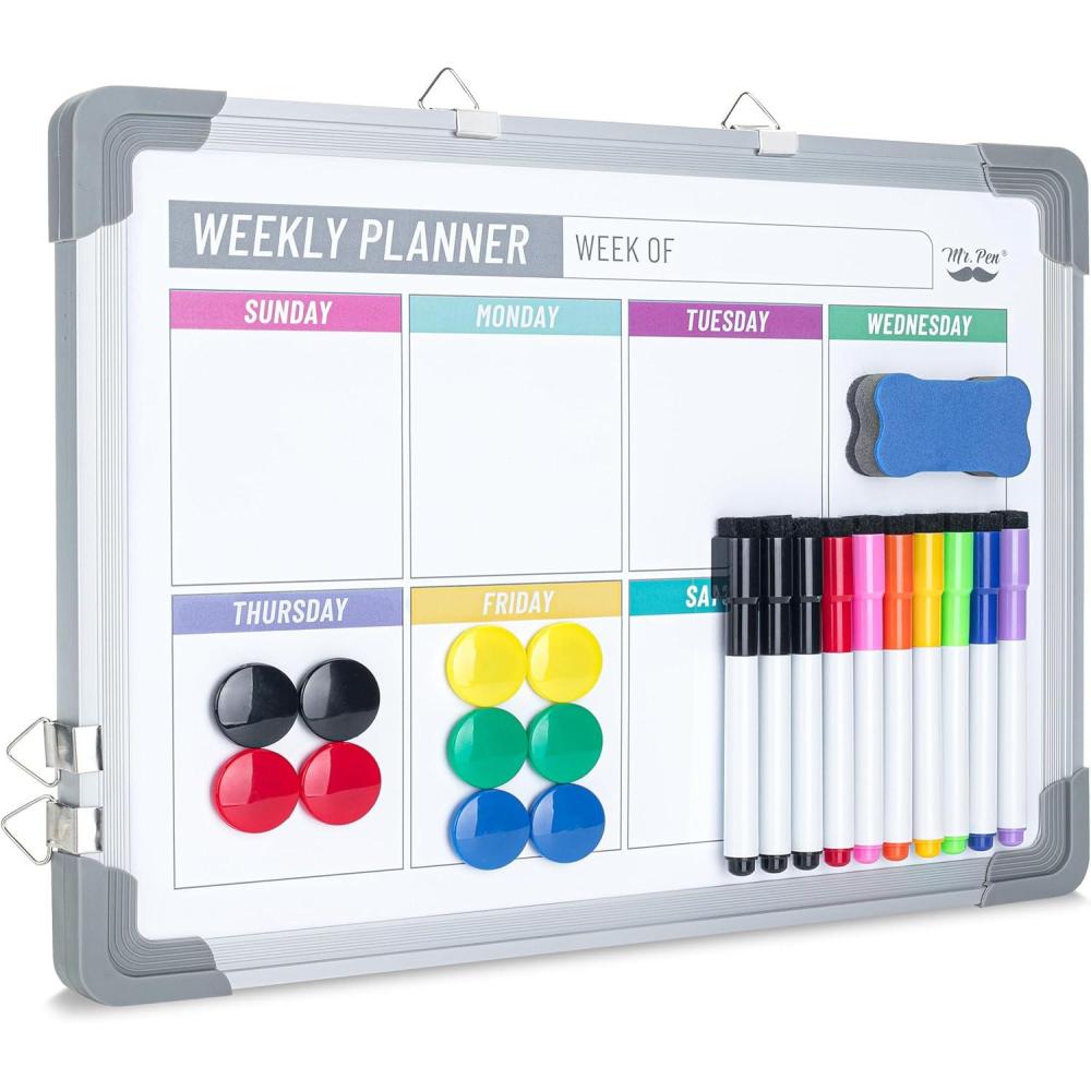 imageMr Pen Magnetic Weekly Dry Erase Board 12 x 16 DoubleSided with Dry Erase Markers 10 Board Magnets and Dry Erase Eraser Small Dry Erase Calendar for Wall Weekly Calendar Whiteboard for Wall