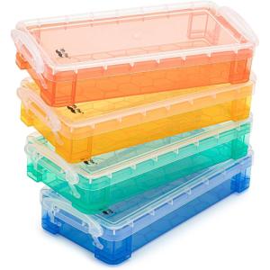 imageMr Pen Clear Pencil Boxes 12 Pack 79quotx45quotx24quot SnapTight Lid Plastic Pencil Box OrganizerOrange  Yellow  Green  Blue