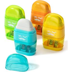 imageMr Pen Pencil Sharpener ampamp Eraser 4 Pack Colorful 2 Sharpening Holes Manual Handheld Small Pencil SharpenerYellow  Orange  Blue  Green