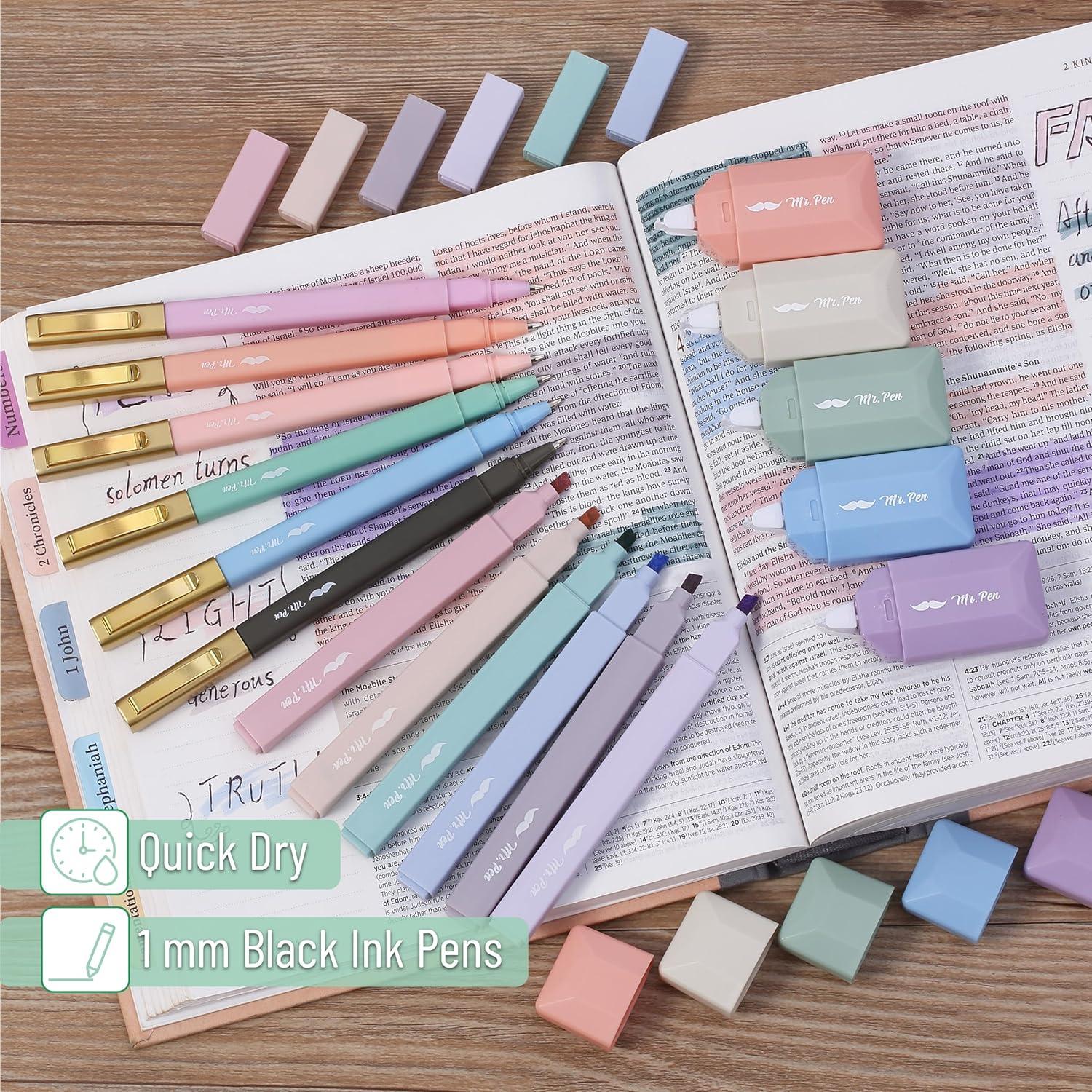 imageMr Pen Aesthetic Highlighters and Pens 17 Pack Aesthetic Correction Tapes Cute Highlighters Assorted Colors Black Ink Bible Pens 10mm Bible Pens No Bleed Through Highlighter Set