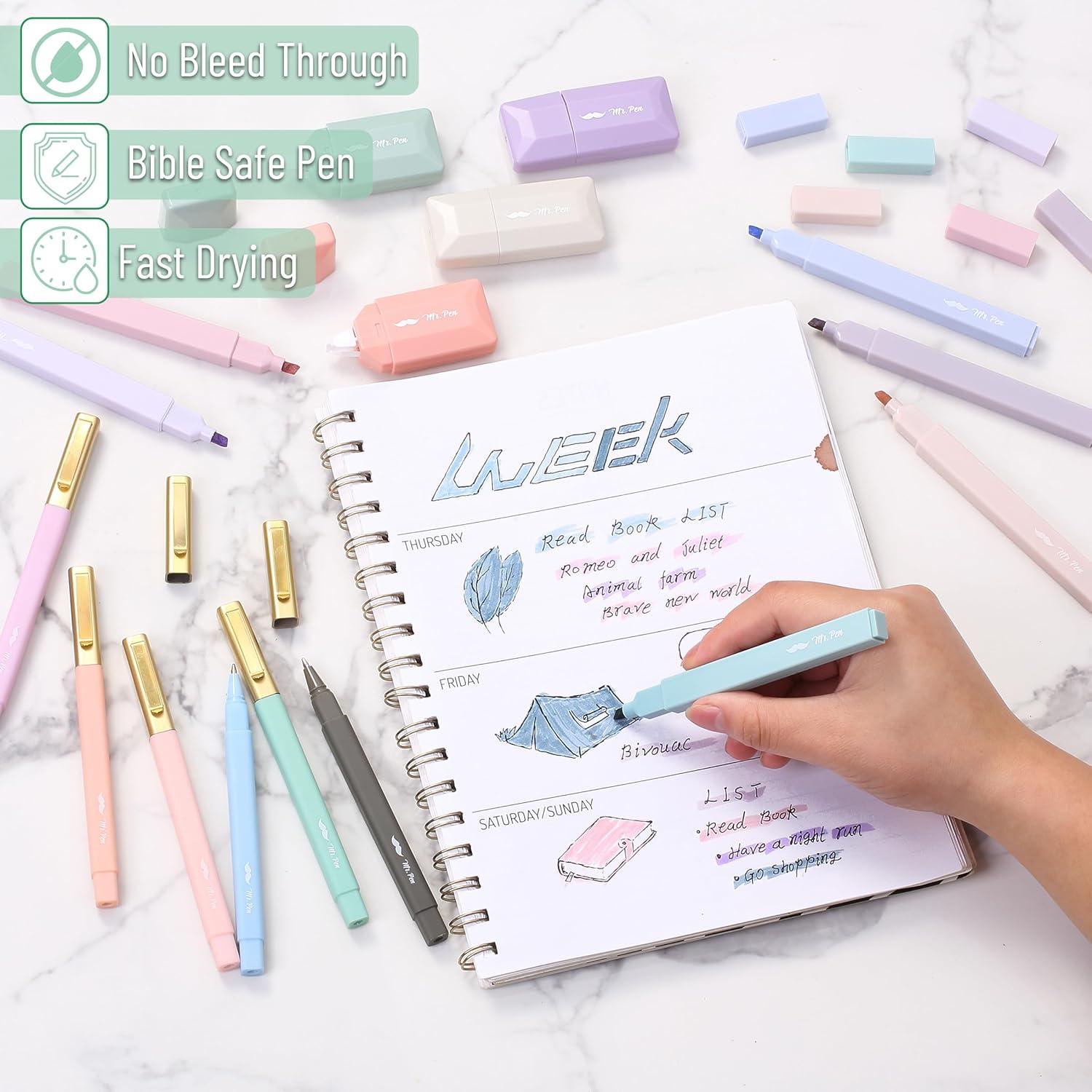 imageMr Pen Aesthetic Highlighters and Pens 17 Pack Aesthetic Correction Tapes Cute Highlighters Assorted Colors Black Ink Bible Pens 10mm Bible Pens No Bleed Through Highlighter Set