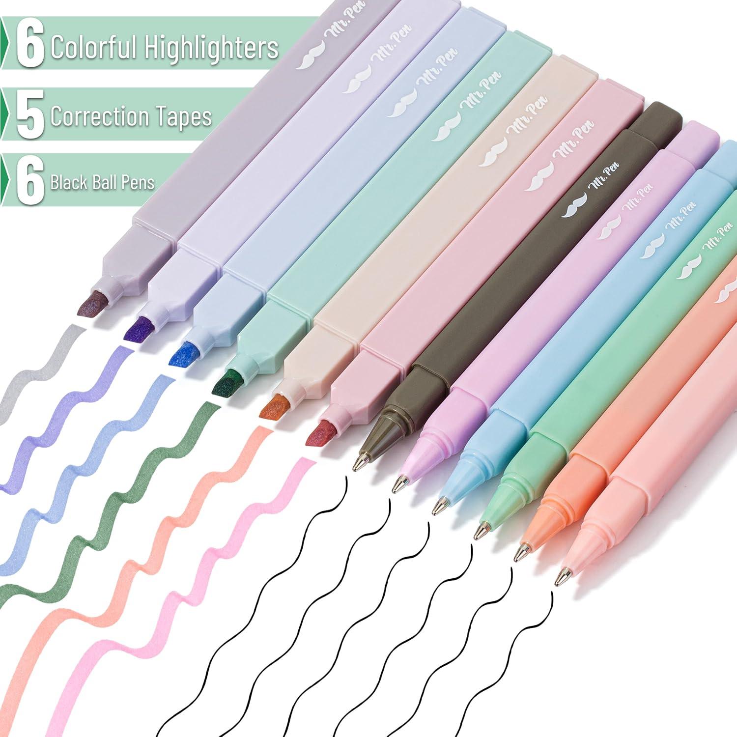 imageMr Pen Aesthetic Highlighters and Pens 17 Pack Aesthetic Correction Tapes Cute Highlighters Assorted Colors Black Ink Bible Pens 10mm Bible Pens No Bleed Through Highlighter Set