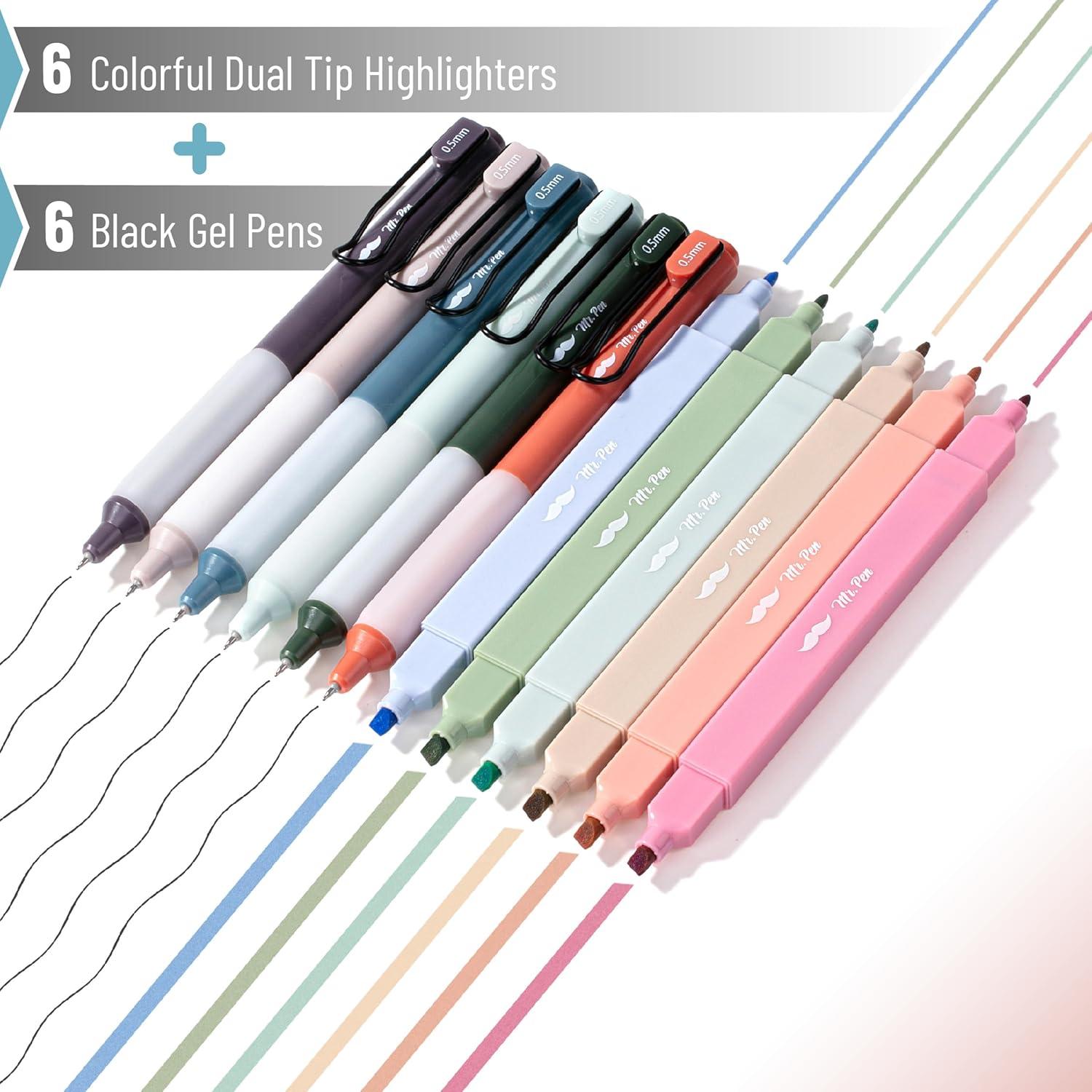 imageMr Pen Dual Tip Aesthetic Highlighters and Gel Pens 12 Pack Assorted Colors No Bleed Black Ink Cute Pens for Bibles
