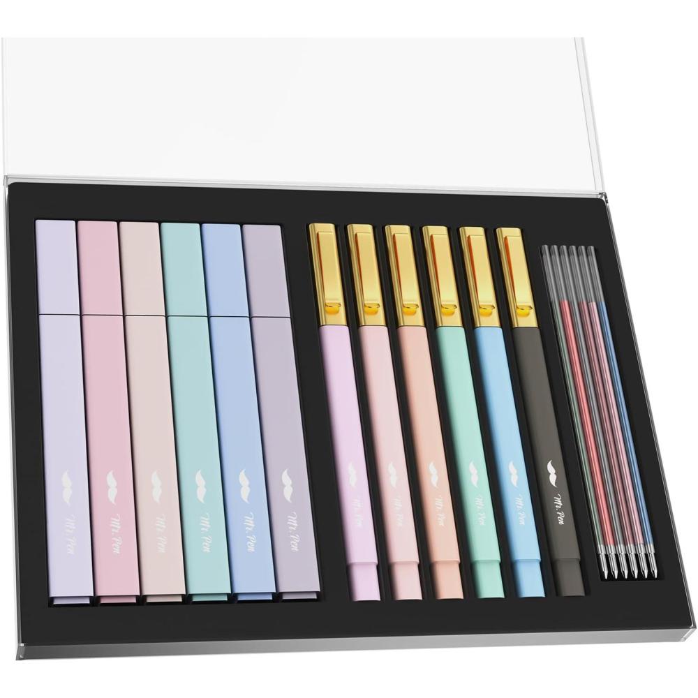 imageMr Pen Aesthetic Highlighters and Pens with Case 12 Pack 6 Pen Refills Cute Highlighters Assorted Colors Colorful Ink Bible Pens Bible Pens No Bleed Through Highlighter Set