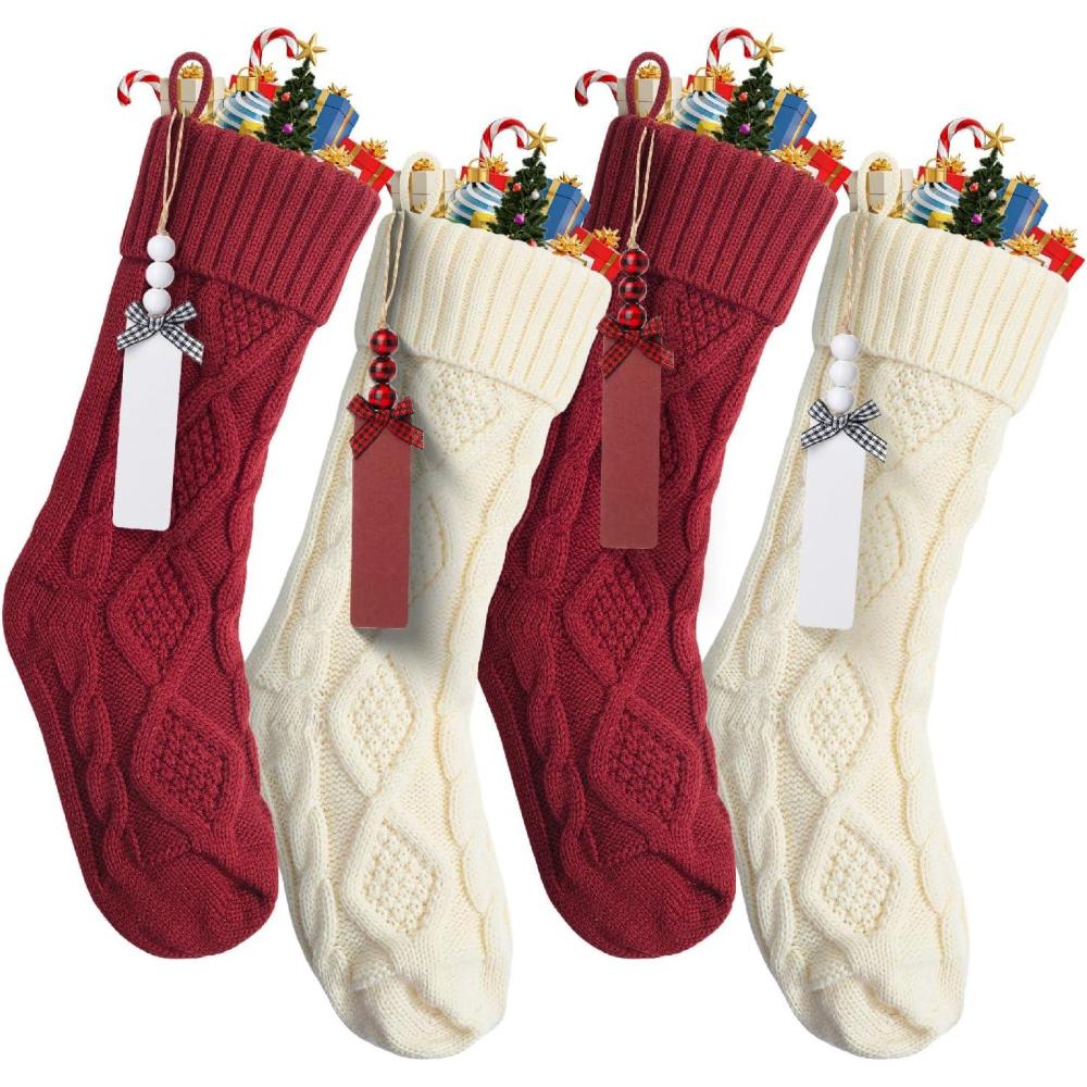 imageMr Pen Personalized Christmas Stockings with Wooden Name Tags Set of 4 18quot Red ampamp Cream Cable Knit Stockings for Christmas Cable Knit Christmas Stocking for Christmas