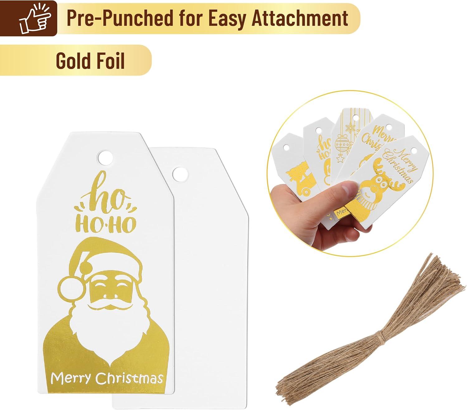 imageMr Pen Christmas Gift Tags 100 pcs with Hemp Rope 5 Designs Gold Foil Paper Holiday Gift Tags with String Christmas Tags for Gifts Gift Bag Tags for Gift Bags Gift Tag