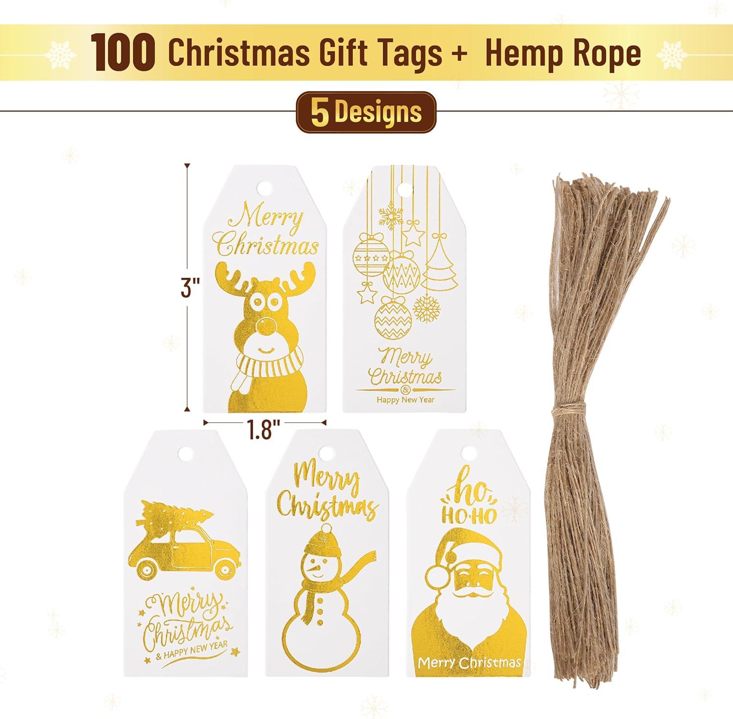 imageMr Pen Christmas Gift Tags 100 pcs with Hemp Rope 5 Designs Gold Foil Paper Holiday Gift Tags with String Christmas Tags for Gifts Gift Bag Tags for Gift Bags Gift Tag