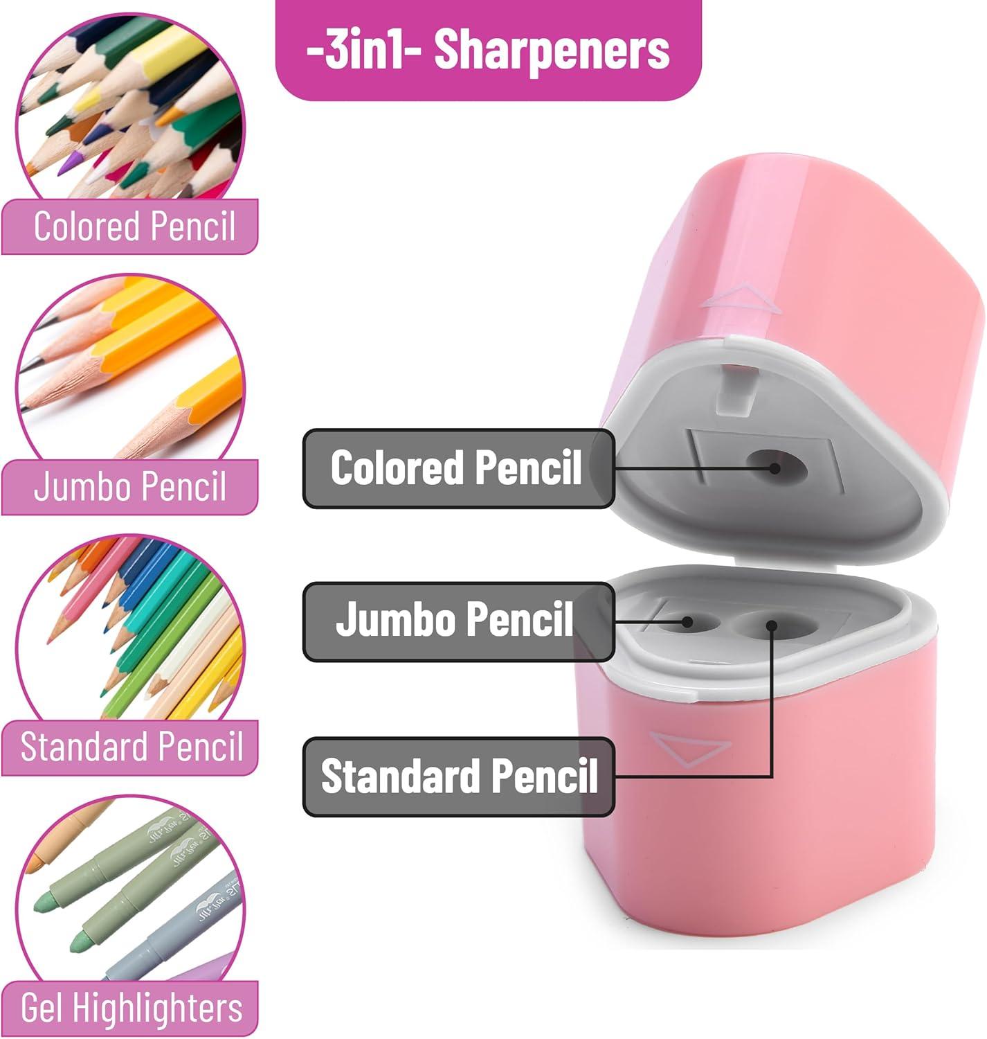 imageMr Pen Handheld Pencil Sharpener for Colored Pencils 6 Pack 3 Holes with Different Sizes Large Waste Box Pastel Garden Barrels Colored Pencil Sharpeners Manual