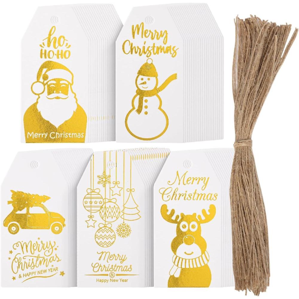 imageMr Pen Christmas Gift Tags 100 pcs with Hemp Rope 5 Designs Gold Foil Paper Holiday Gift Tags with String Christmas Tags for Gifts Gift Bag Tags for Gift Bags Gift Tag