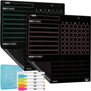 imageMr Pen Magnetic Dry Eraser Chore Board for Multiple Kids 2 Pack with 6 Eraser Cap Markers Refrigerator Magnetic Chore ChartBlack