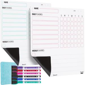 imageMr Pen Magnetic Dry Eraser Chore Board for Multiple Kids 2 Pack with 6 Eraser Cap Markers Refrigerator Magnetic Chore ChartWhite