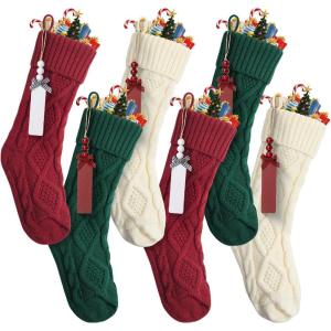 imageMr Pen Personalized Christmas Stockings with Wooden Name Tags Set of 6 18quot Colorful Cable Knit Stockings for Christmas Cable Knit Christmas Stocking for Christmas Large Knit Stockings Christmas