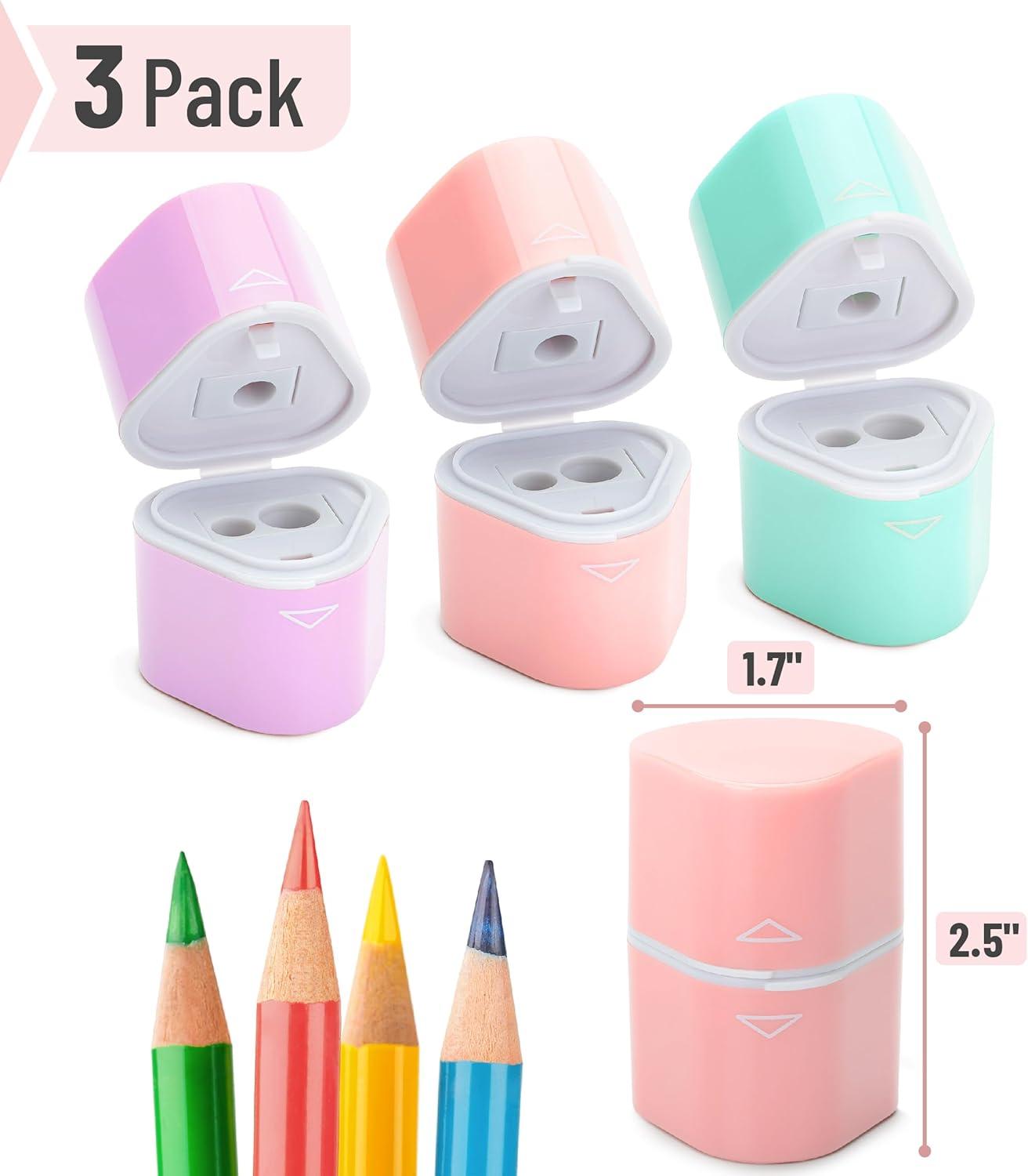 imageMr Pen Handheld Pencil Sharpener for Colored Pencils 6 Pack 3 Holes with Different Sizes Large Waste Box Soft Pastel Barrels Colored Pencil Sharpeners ManualPink  Purple  Blue