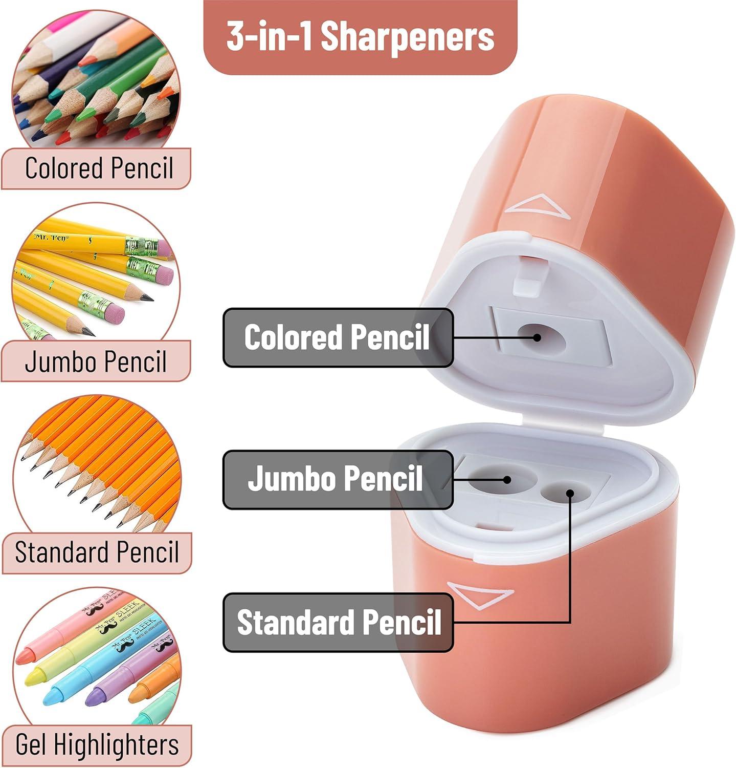 imageMr Pen Handheld Pencil Sharpener for Colored Pencils 6 Pack 3 Holes with Different Sizes Large Waste Box Soft Pastel Barrels Colored Pencil Sharpeners ManualBoho Theme