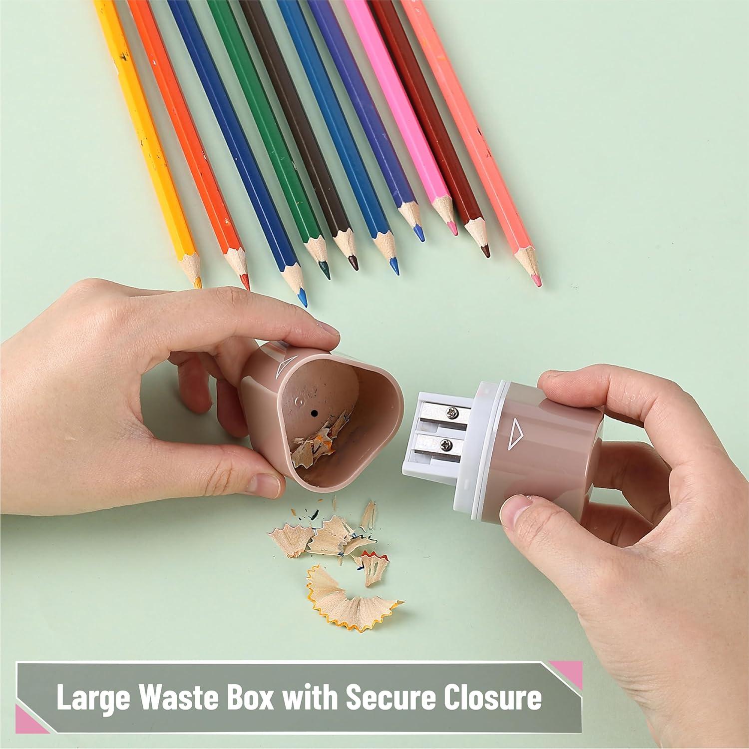 imageMr Pen Handheld Pencil Sharpener for Colored Pencils 6 Pack 3 Holes with Different Sizes Large Waste Box Soft Pastel Barrels Colored Pencil Sharpeners ManualYellow  Purple  Pink