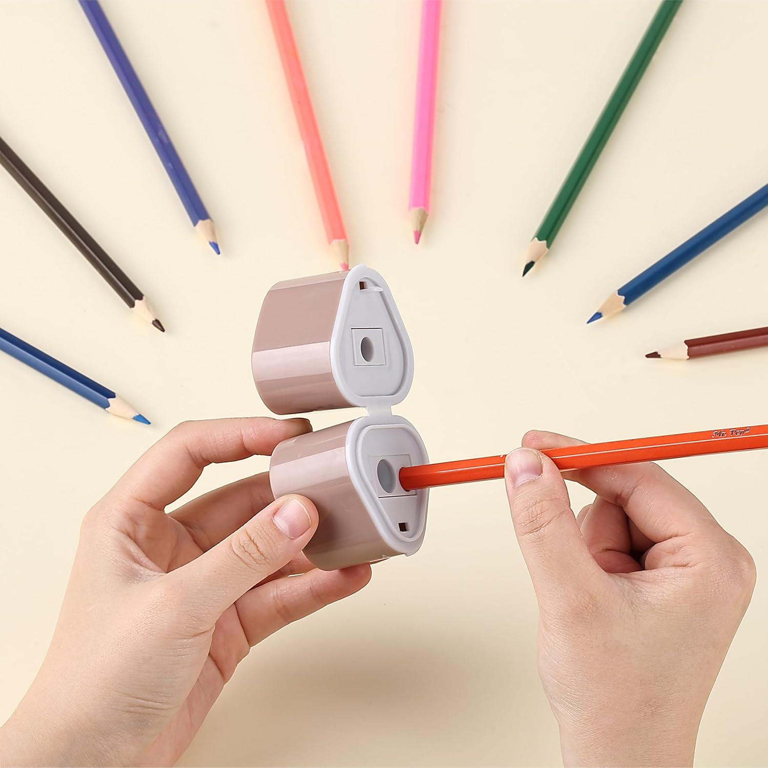 imageMr Pen Handheld Pencil Sharpener for Colored Pencils 6 Pack 3 Holes with Different Sizes Large Waste Box Soft Pastel Barrels Colored Pencil Sharpeners ManualYellow  Purple  Pink