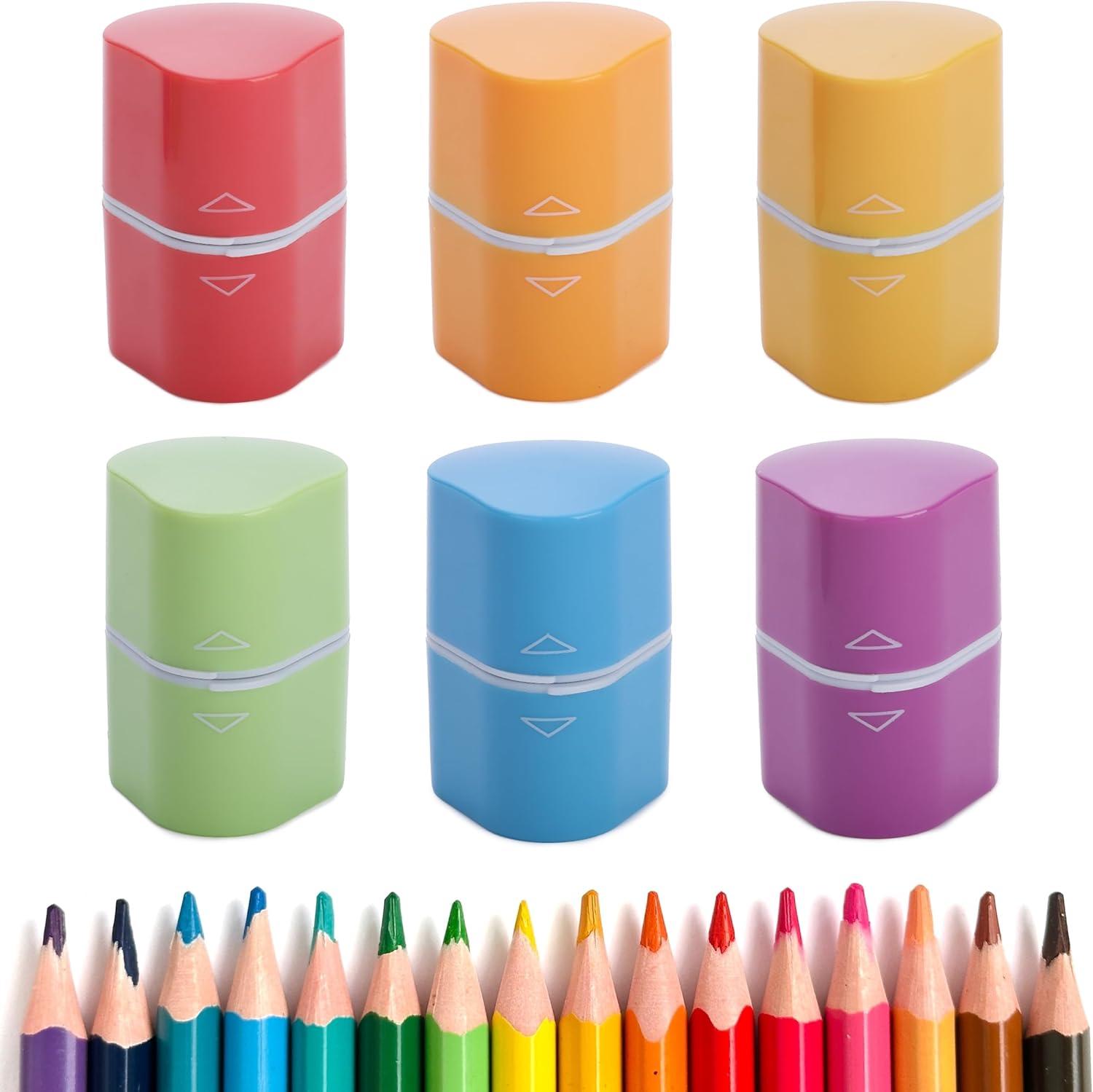imageMr Pen Handheld Pencil Sharpener for Colored Pencils 6 Pack 3 Holes with Different Sizes Large Waste Box Soft Pastel Barrels Colored Pencil Sharpeners ManualRetro Colors