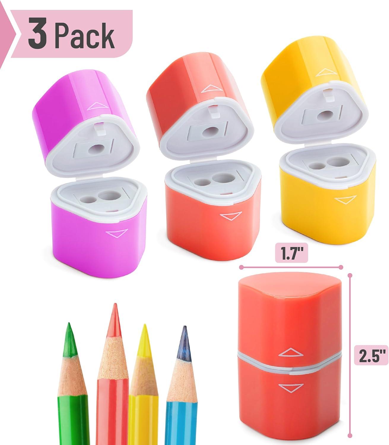 imageMr Pen Handheld Pencil Sharpener for Colored Pencils 6 Pack 3 Holes with Different Sizes Large Waste Box Soft Pastel Barrels Colored Pencil Sharpeners ManualYellow  Purple  Pink