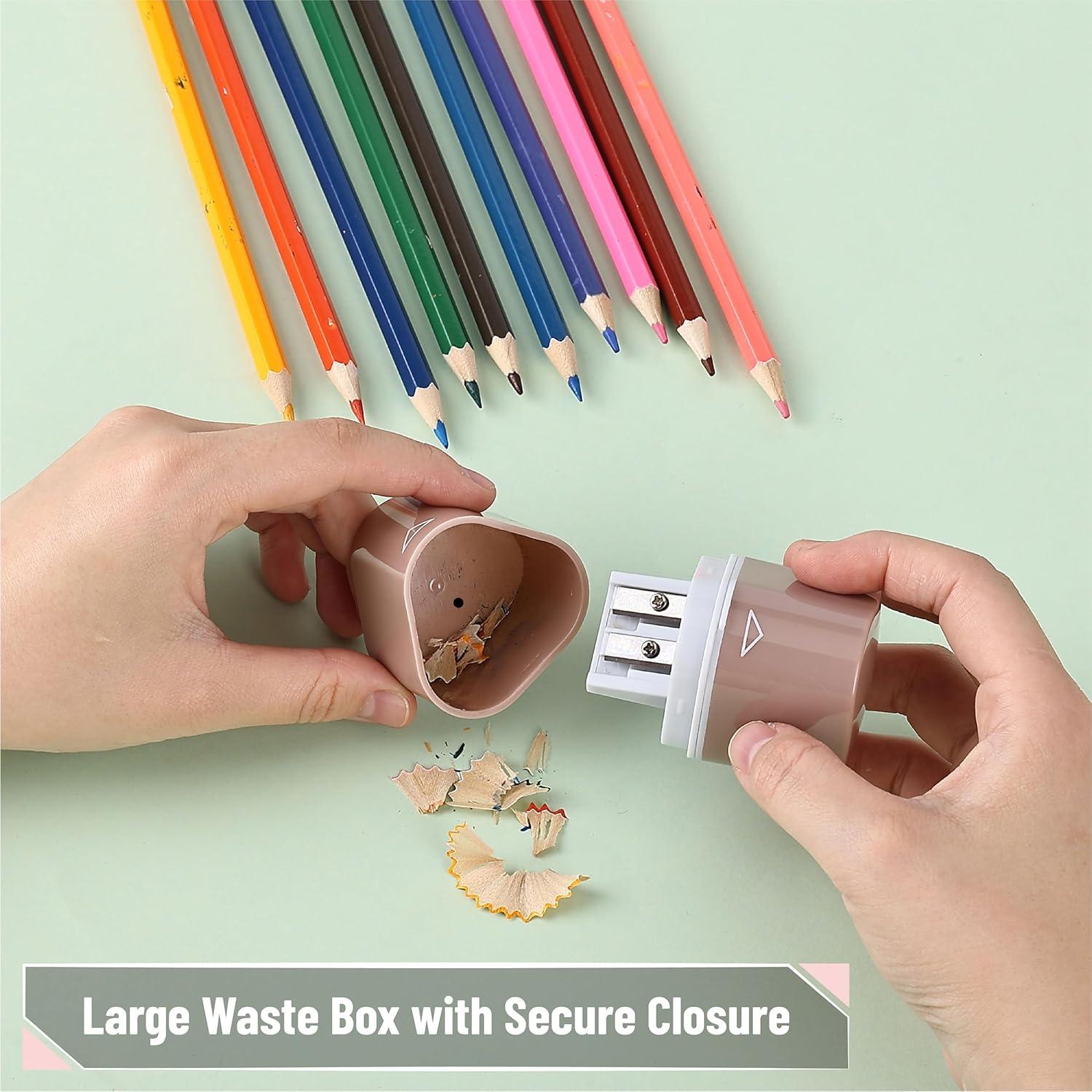 imageMr Pen Handheld Pencil Sharpener for Colored Pencils 6 Pack 3 Holes with Different Sizes Large Waste Box Soft Pastel Barrels Colored Pencil Sharpeners ManualPink  Purple  Blue