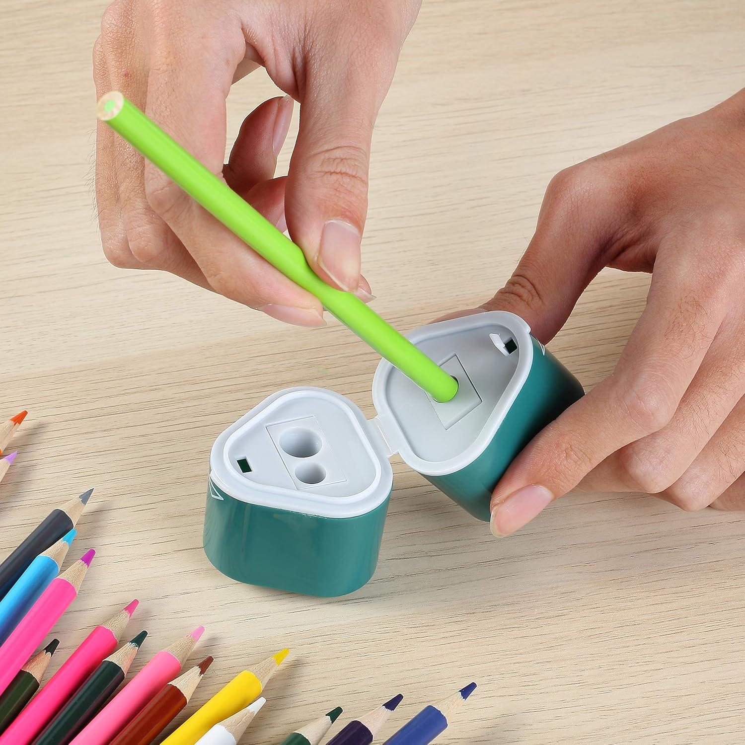 imageMr Pen Handheld Pencil Sharpener for Colored Pencils 6 Pack 3 Holes with Different Sizes Large Waste Box Soft Pastel Barrels Colored Pencil Sharpeners ManualWhite  Green  Pink