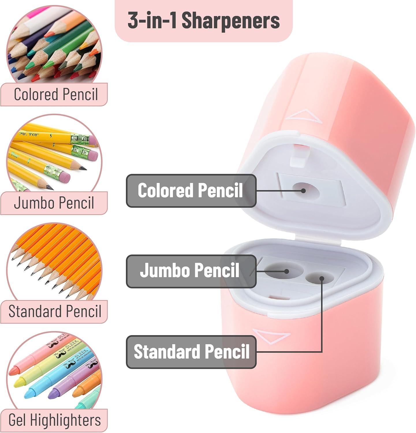 imageMr Pen Handheld Pencil Sharpener for Colored Pencils 6 Pack 3 Holes with Different Sizes Large Waste Box Soft Pastel Barrels Colored Pencil Sharpeners ManualPink  Purple  Blue