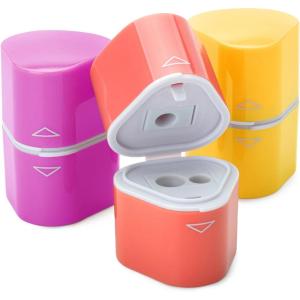 imageMr Pen Handheld Pencil Sharpener for Colored Pencils 6 Pack 3 Holes with Different Sizes Large Waste Box Soft Pastel Barrels Colored Pencil Sharpeners ManualYellow  Purple  Pink