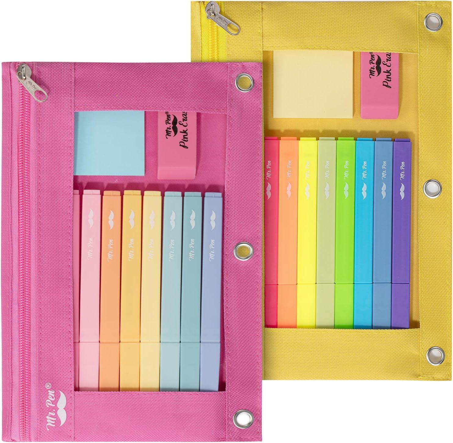 imageMr Pen 2 Pack Pencil Cases Pink and Yellow Flat Zipper Pouch for 3 Ring BinderVintage
