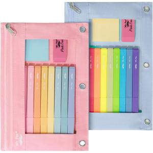 imageMr Pen 2 Pack Pencil Cases Pink and Yellow Flat Zipper Pouch for 3 Ring BinderBlue and Pink