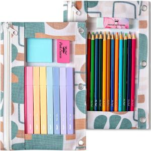 imageMr Pen 2 Pack Pencil Cases Pink and Yellow Flat Zipper Pouch for 3 Ring BinderForest Hues