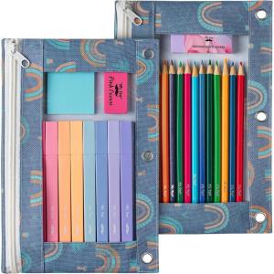 imageMr Pen 2 Pack Pencil Cases Pink and Yellow Flat Zipper Pouch for 3 Ring BinderRetro Rainbow