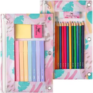 imageMr Pen 2 Pack Pencil Cases Pink and Yellow Flat Zipper Pouch for 3 Ring BinderTropical Leaves