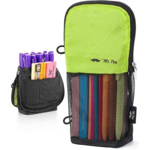 image:imageMr Pen Standing Pencil Case Pouch Sit amp Lay MeshView Design Black with Red Zipper Interior Pocket amp 2 Elastic Binder Loops Cute Pencil Case for Girls and BoysBlack  Lawn Green