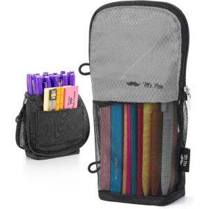 image:imageMr Pen Standing Pencil Case Pouch Sit amp Lay MeshView Design Black with Red Zipper Interior Pocket amp 2 Elastic Binder Loops Cute Pencil Case for Girls and BoysBlack  Gray