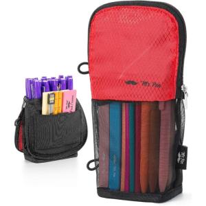 image:imageMr Pen Standing Pencil Case Pouch Sit amp Lay MeshView Design Black with Red Zipper Interior Pocket amp 2 Elastic Binder Loops Cute Pencil Case for Girls and BoysBlack  Red