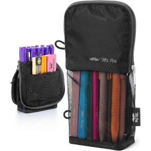 image:imageMr Pen Standing Pencil Case Pouch Sit amp Lay MeshView Design Black with Red Zipper Interior Pocket amp 2 Elastic Binder Loops Cute Pencil Case for Girls and BoysBlack with Gray Zipper