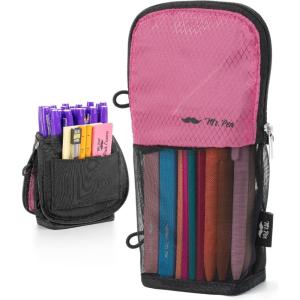 image:imageMr Pen Standing Pencil Case Pouch Sit amp Lay MeshView Design Black with Red Zipper Interior Pocket amp 2 Elastic Binder Loops Cute Pencil Case for Girls and BoysBlack  Pink