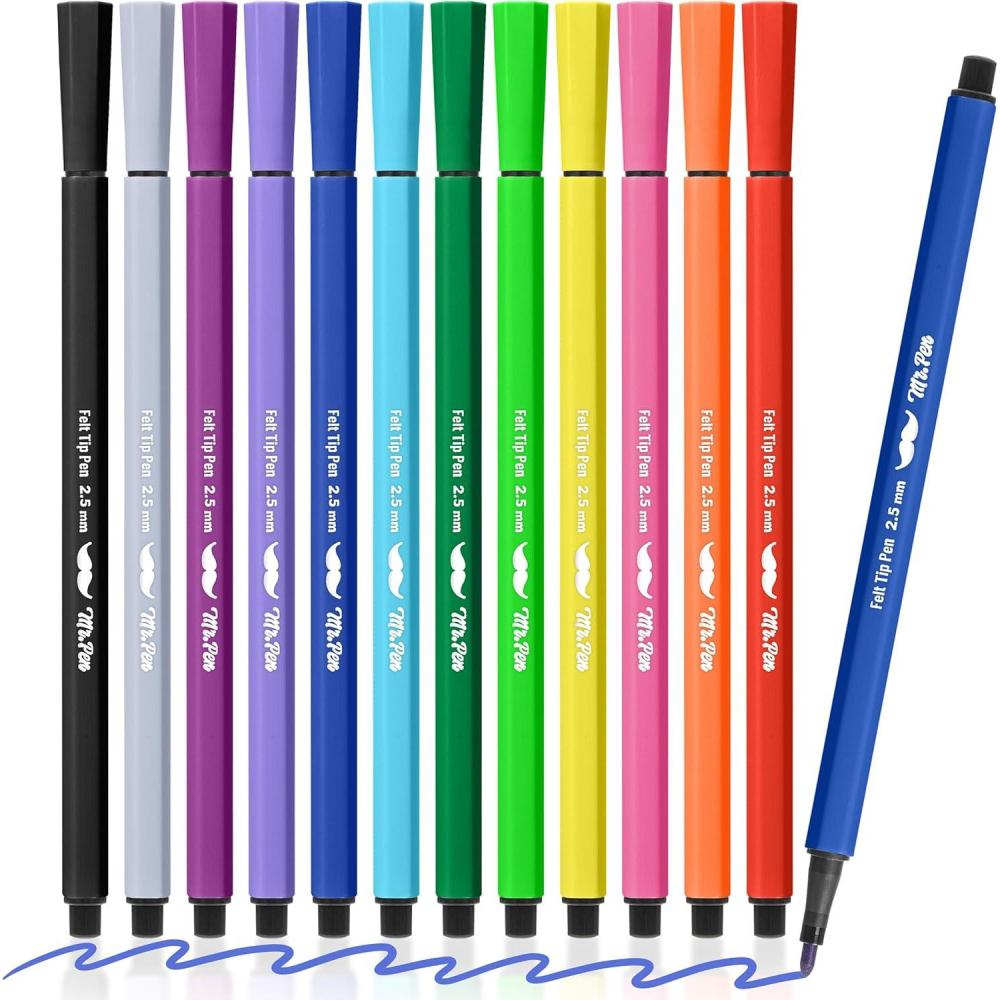 image:imageMr Pen Felt Tip Markers Assorted Colors 12 Pack 25 mm Bold Felt Tip Pens Bold Point Journaling Note Taking Drawing