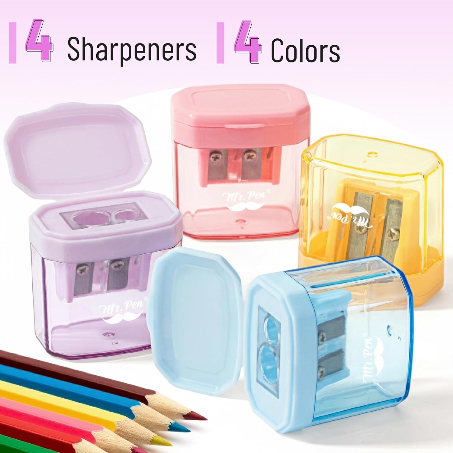 image:imageMr Pen Manual Pencil Sharpener 4 Pack Colorful Dual Holes  Compatible with Standard and Jumbo Pencils Snapon Lid Colored Handheld Pencil Sharpener for Artists ClassroomMulticolor