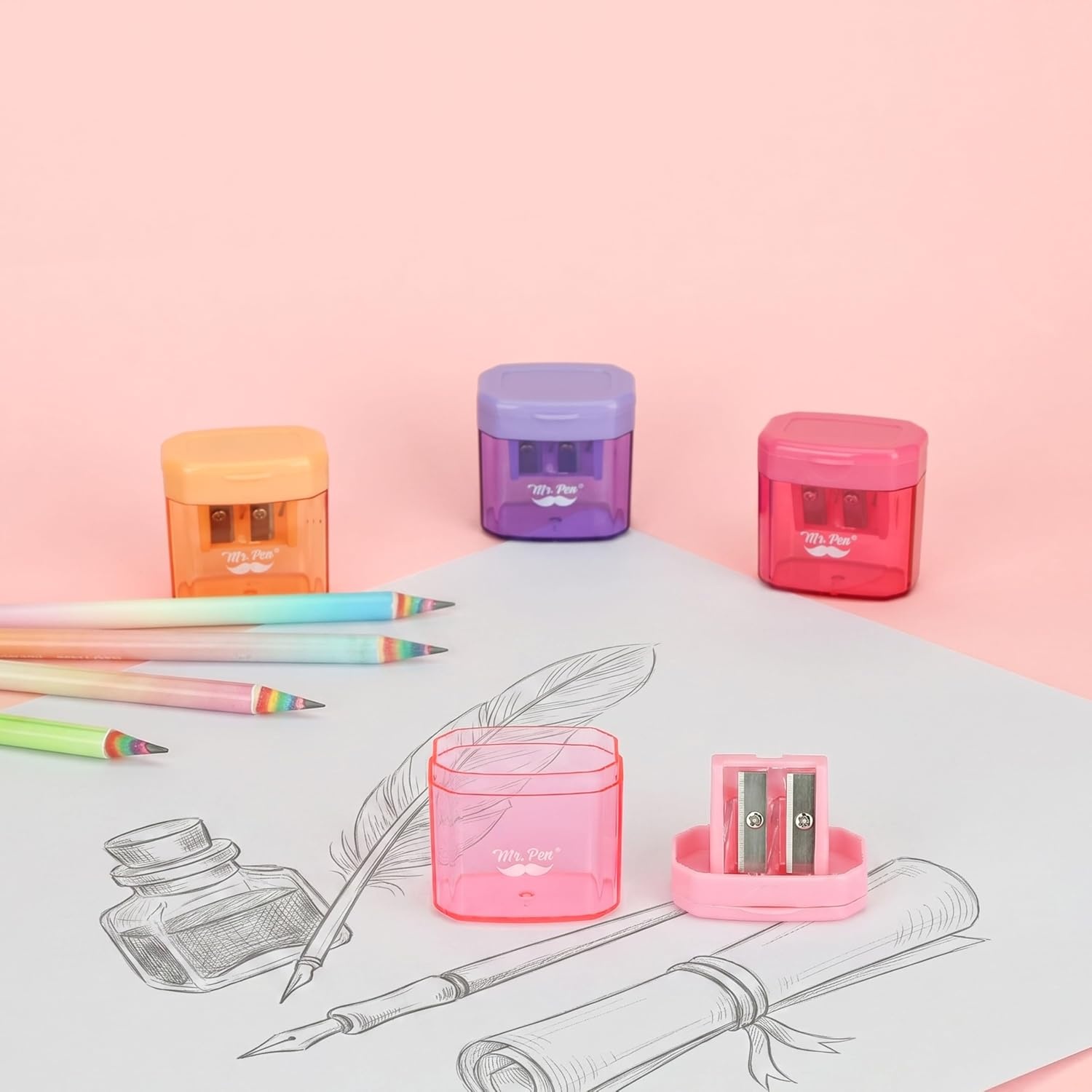 image:imageMr Pen Manual Pencil Sharpener 4 Pack Colorful Dual Holes  Compatible with Standard and Jumbo Pencils Snapon Lid Colored Handheld Pencil Sharpener for Artists ClassroomCandy Bloom