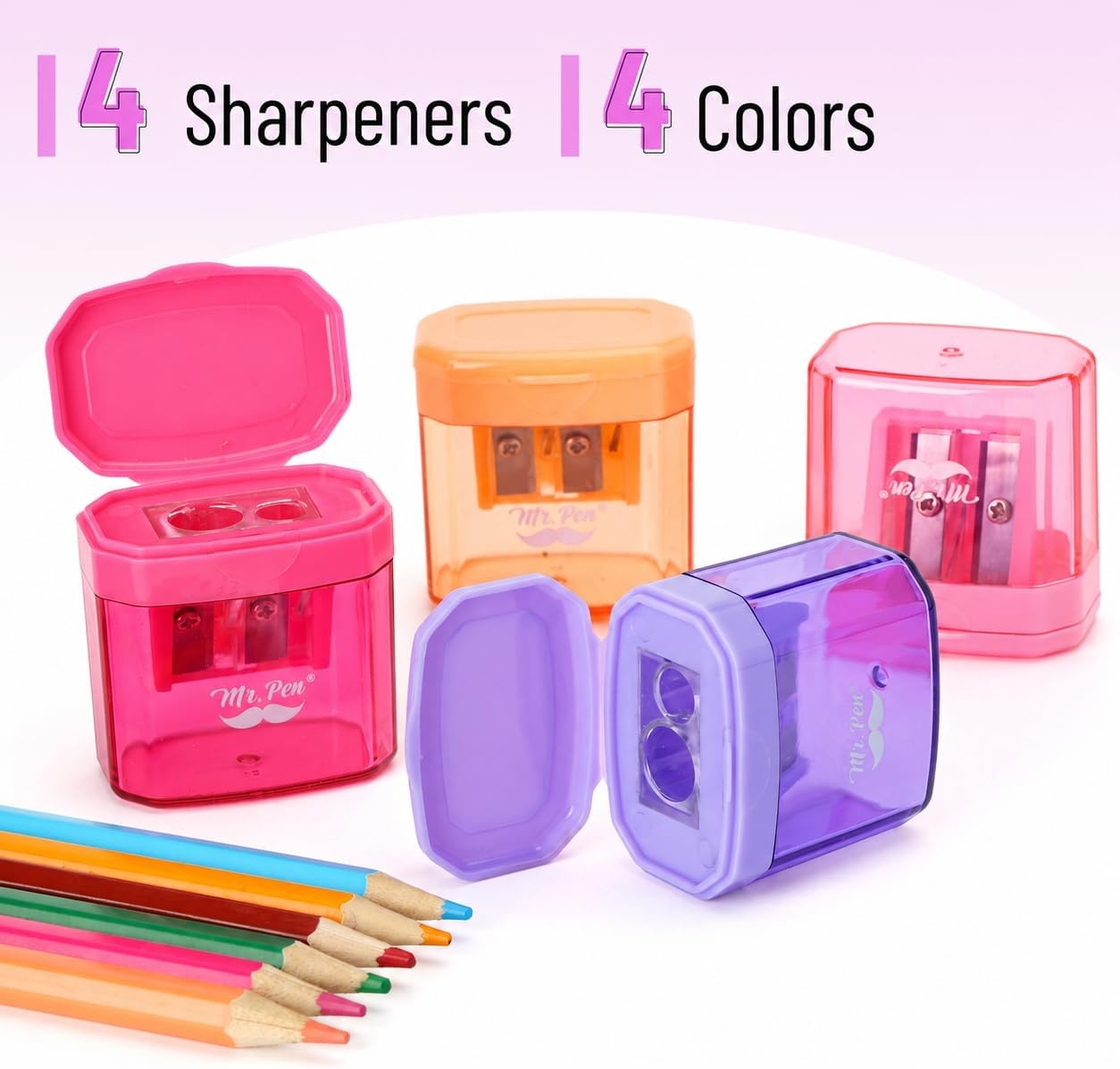 image:imageMr Pen Manual Pencil Sharpener 4 Pack Colorful Dual Holes  Compatible with Standard and Jumbo Pencils Snapon Lid Colored Handheld Pencil Sharpener for Artists ClassroomCandy Bloom