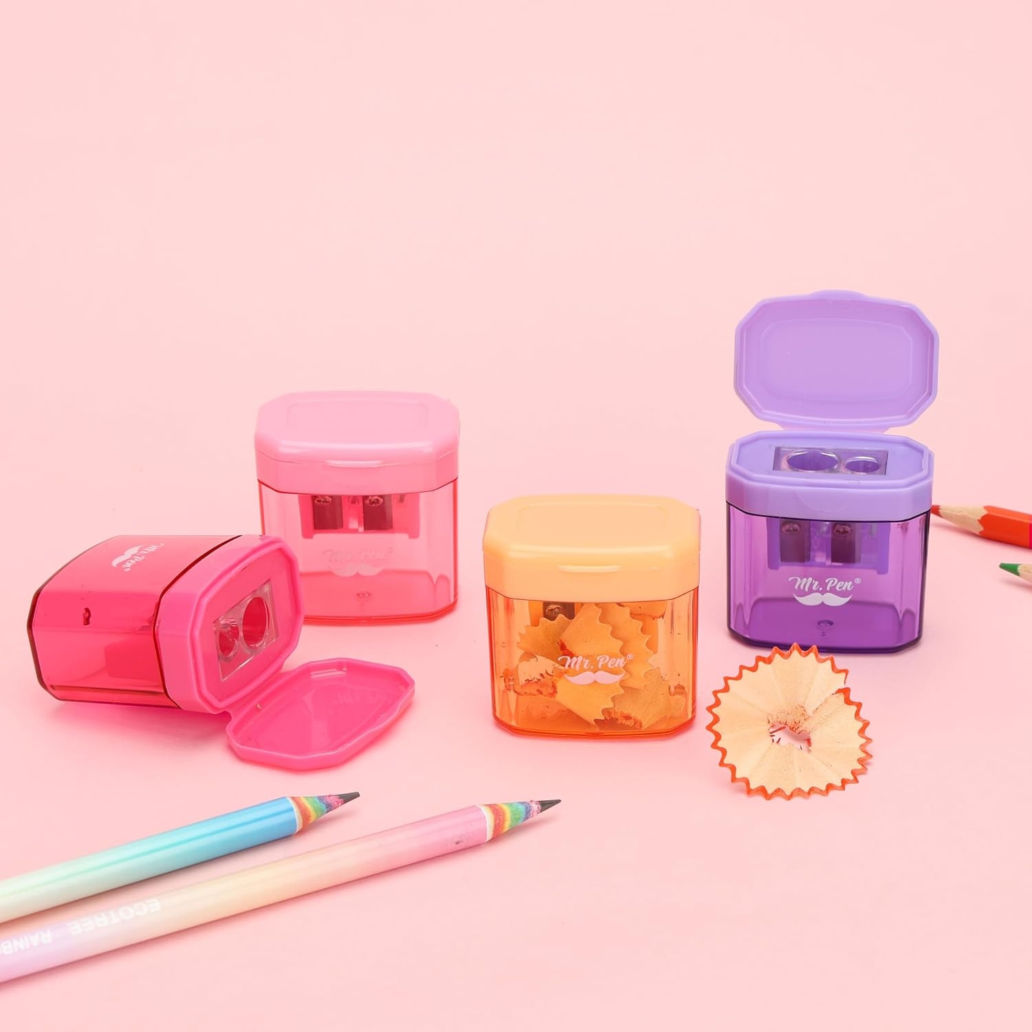 image:imageMr Pen Manual Pencil Sharpener 4 Pack Colorful Dual Holes  Compatible with Standard and Jumbo Pencils Snapon Lid Colored Handheld Pencil Sharpener for Artists ClassroomCandy Bloom