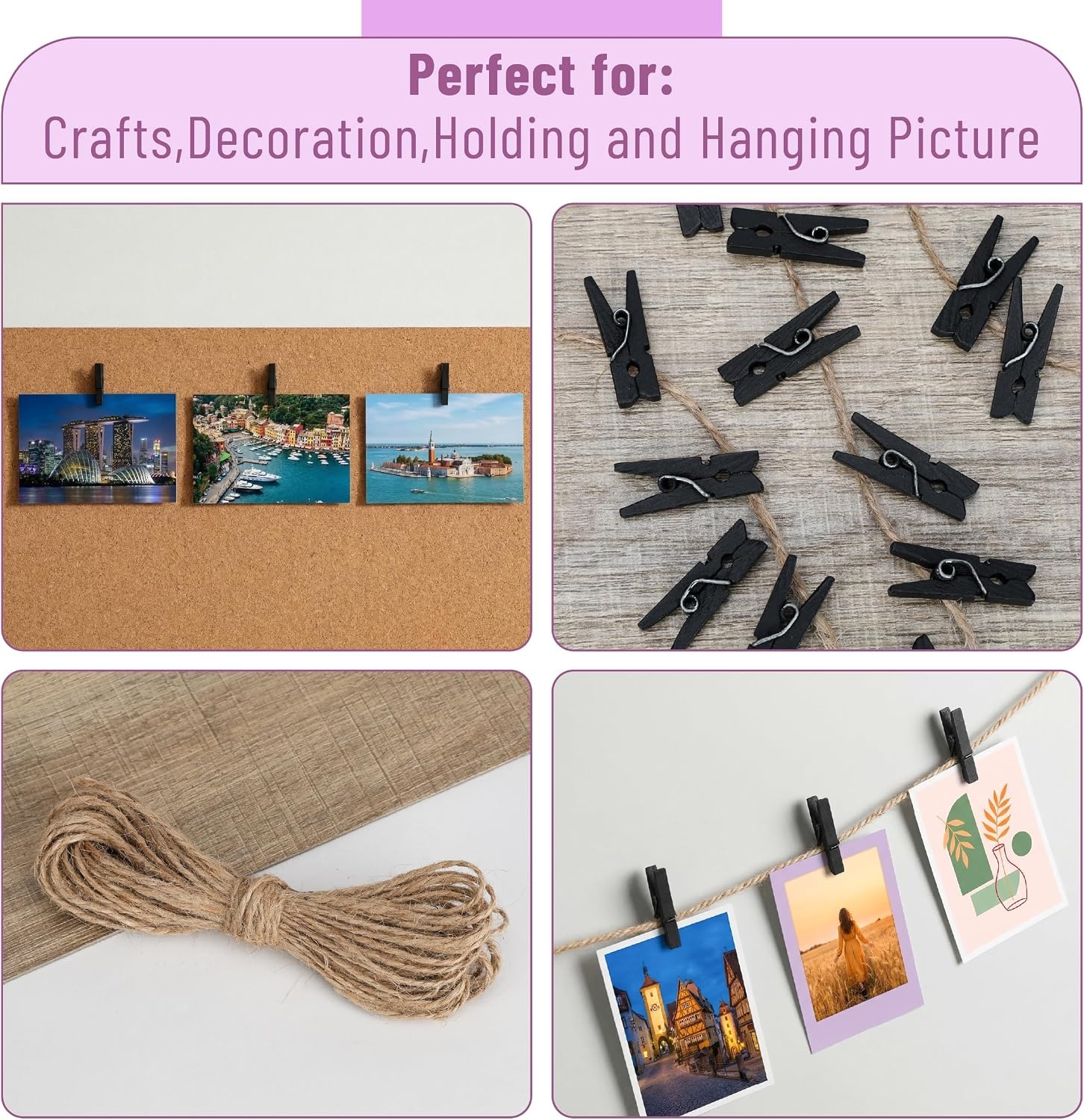 image:imageMr Pen Mini Wooden Clothes Pins for Photo 1 Inch 150 Pack  Small Clothespins with 10 Meter Jute Twine for Labeling Plants Gift Tags Tiny Crafts Photo Display DecorationBlack