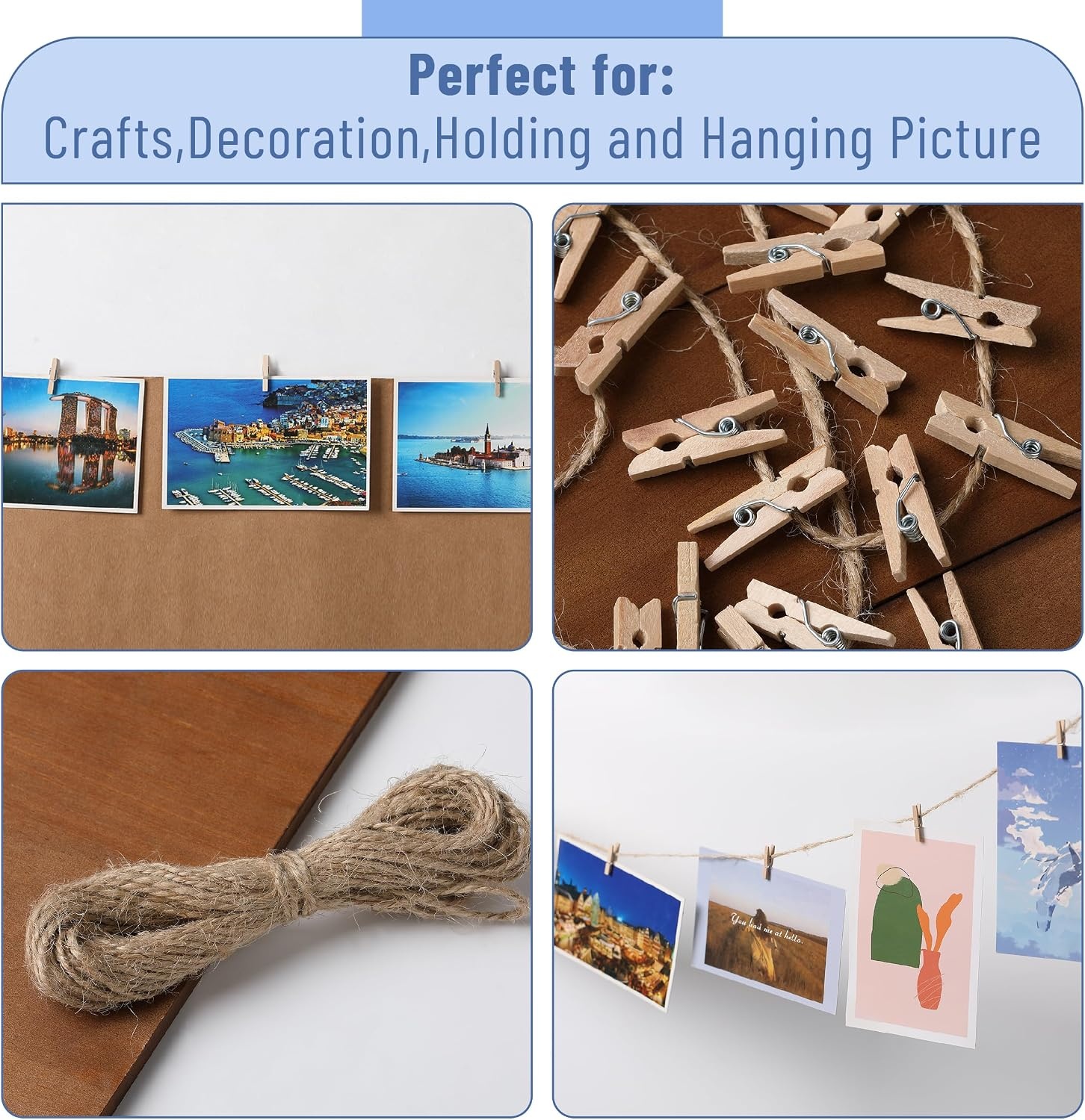 image:imageMr Pen Mini Wooden Clothes Pins for Photo 1 Inch 150 Pack  Small Clothespins with 10 Meter Jute Twine for Labeling Plants Gift Tags Tiny Crafts Photo Display DecorationWood