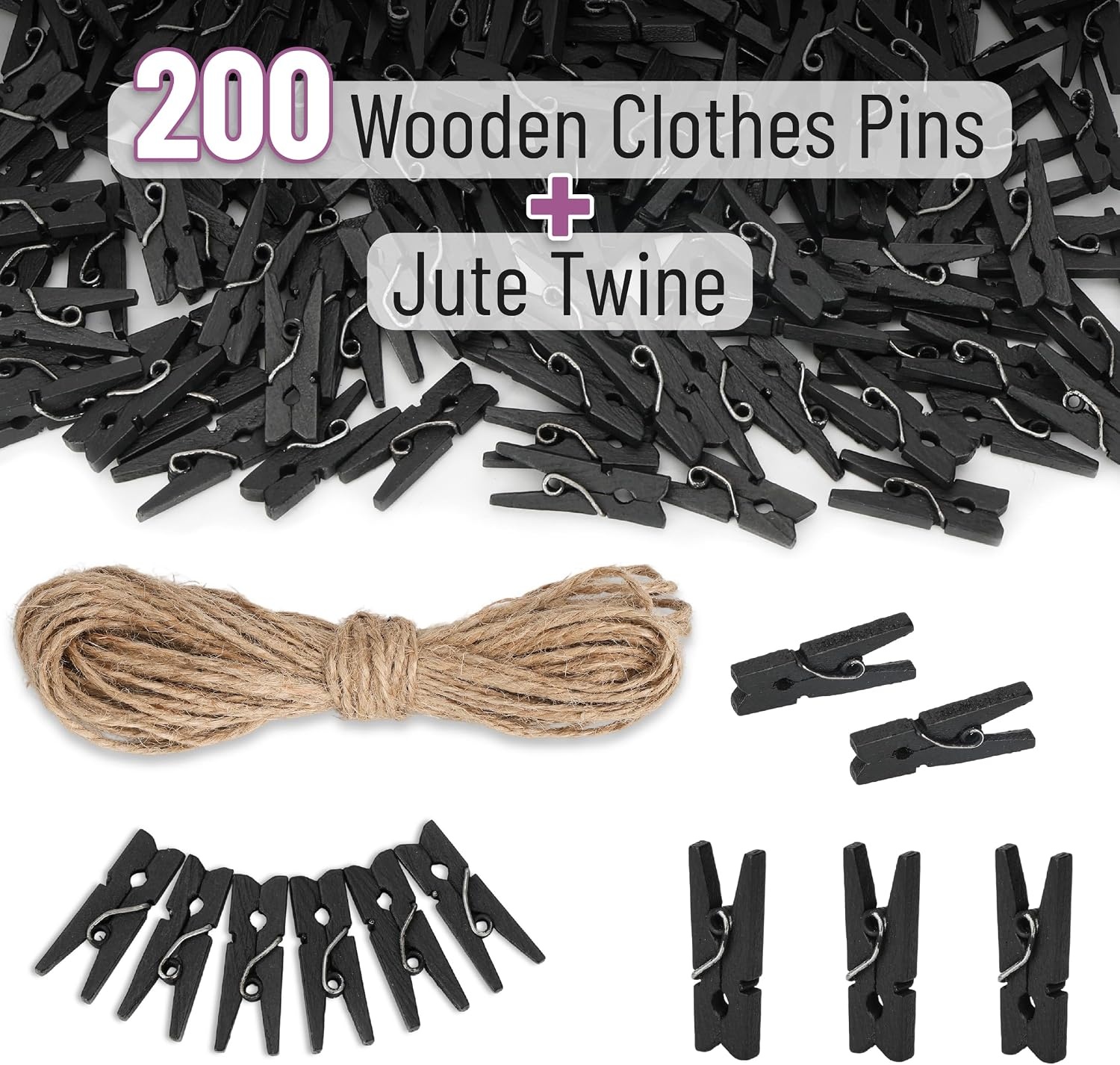 image:imageMr Pen Mini Wooden Clothes Pins for Photo 1 Inch 150 Pack  Small Clothespins with 10 Meter Jute Twine for Labeling Plants Gift Tags Tiny Crafts Photo Display DecorationBlack