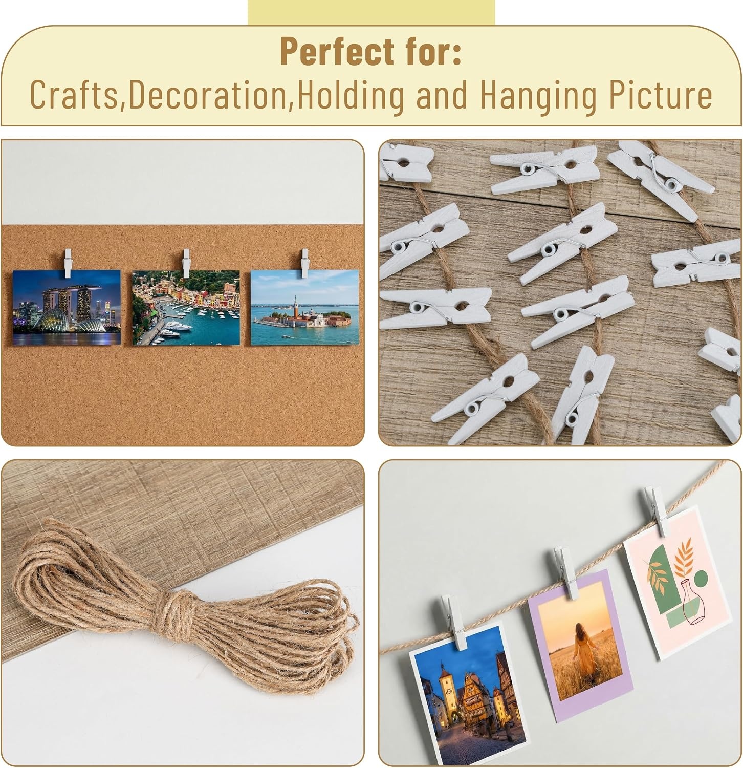 image:imageMr Pen Mini Wooden Clothes Pins for Photo 1 Inch 150 Pack  Small Clothespins with 10 Meter Jute Twine for Labeling Plants Gift Tags Tiny Crafts Photo Display DecorationWhite