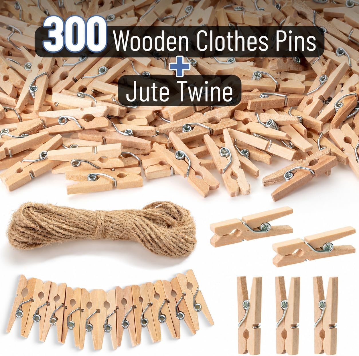 image:imageMr Pen Mini Wooden Clothes Pins for Photo 1 Inch 150 Pack  Small Clothespins with 10 Meter Jute Twine for Labeling Plants Gift Tags Tiny Crafts Photo Display DecorationWood