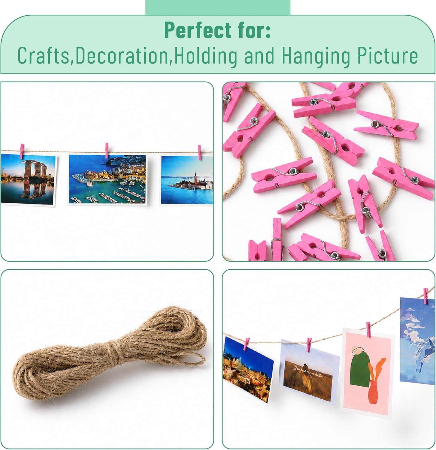 image:imageMr Pen Mini Wooden Clothes Pins for Photo 1 Inch 150 Pack  Small Clothespins with 10 Meter Jute Twine for Labeling Plants Gift Tags Tiny Crafts Photo Display DecorationPink