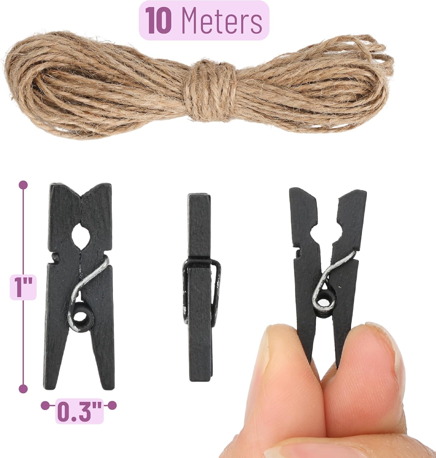 image:imageMr Pen Mini Wooden Clothes Pins for Photo 1 Inch 150 Pack  Small Clothespins with 10 Meter Jute Twine for Labeling Plants Gift Tags Tiny Crafts Photo Display DecorationBlack