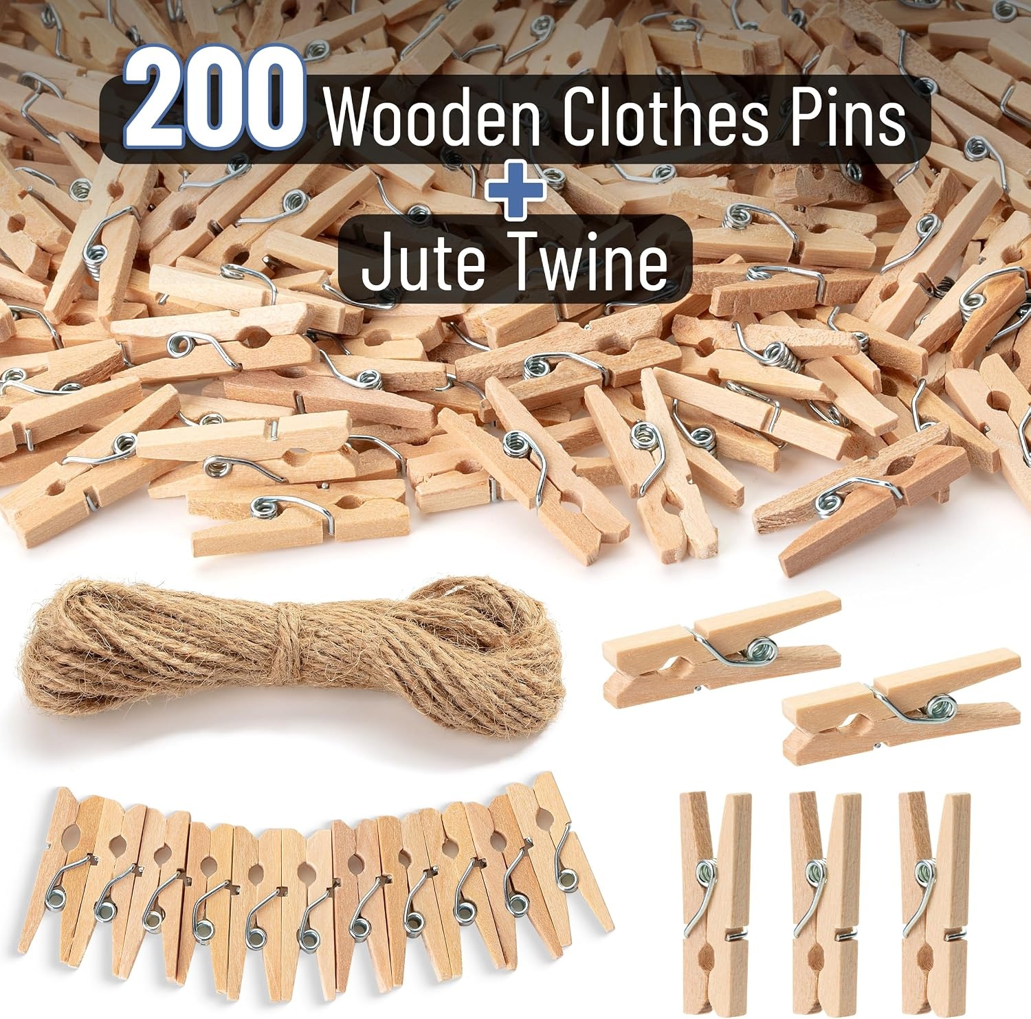 image:imageMr Pen Mini Wooden Clothes Pins for Photo 1 Inch 150 Pack  Small Clothespins with 10 Meter Jute Twine for Labeling Plants Gift Tags Tiny Crafts Photo Display DecorationWood